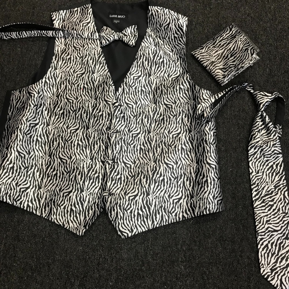 Larr Brio Zebra Print Vest, Tie, Bowtie, Hanky Set